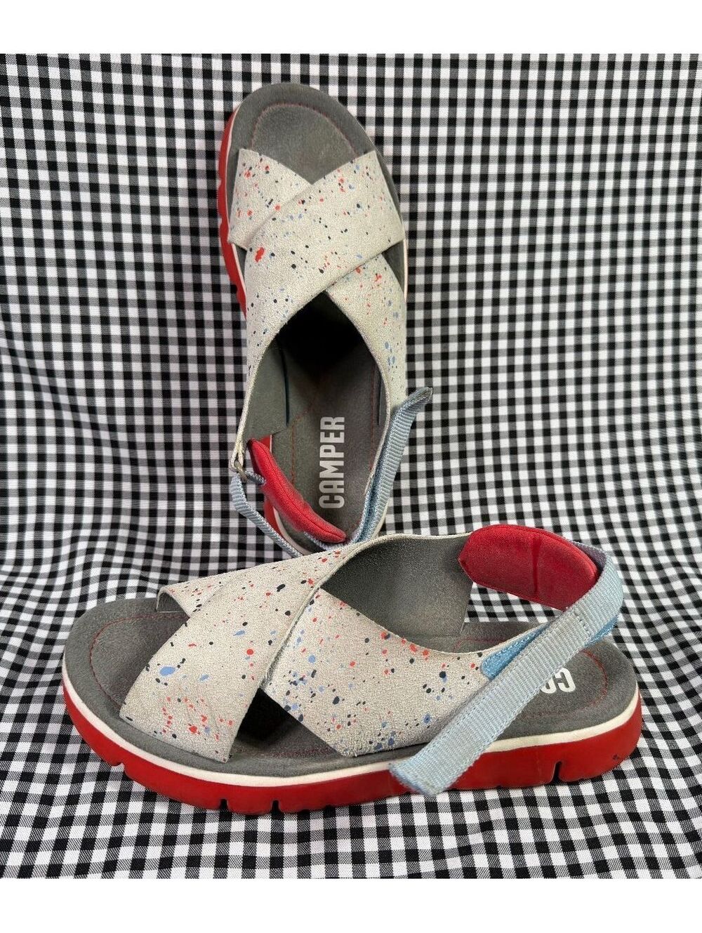Camper Oruga Sandals Womens 7.5 EU 38 Gray Speckled Leather Red Sport Slingback